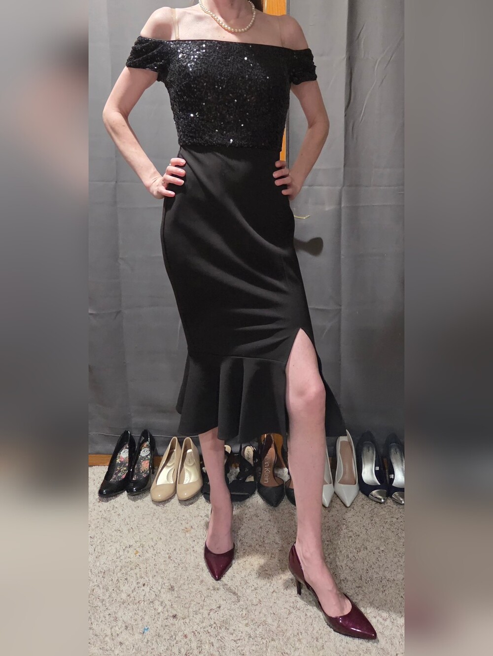Guess Black Off-Shoulder Sequin And Satin Bodice Mermaid Dress